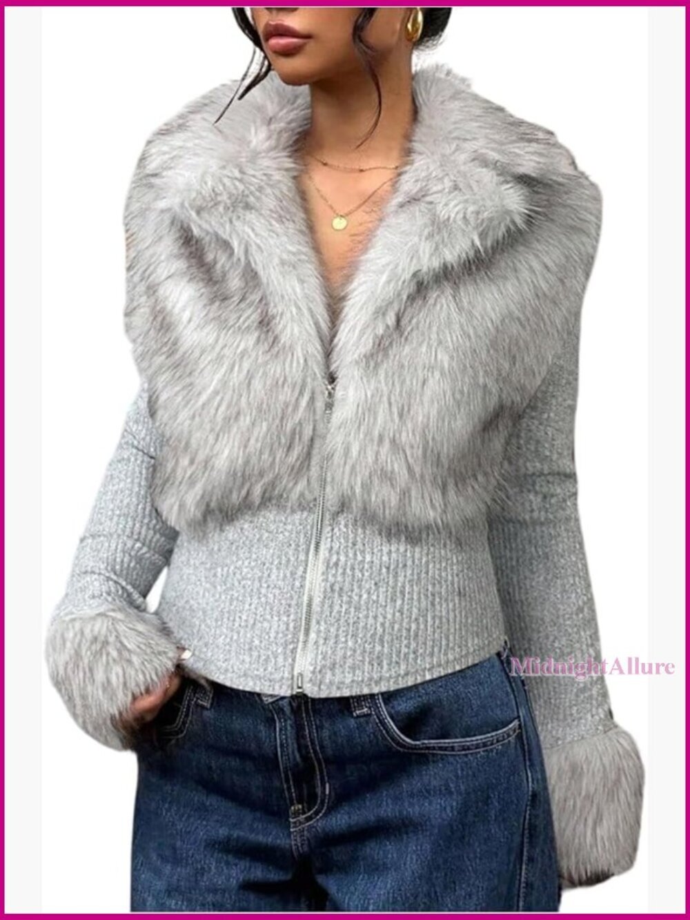 Faux Fur Zip Up Jacket Slim Fit Winter Coat Collared Outerwear